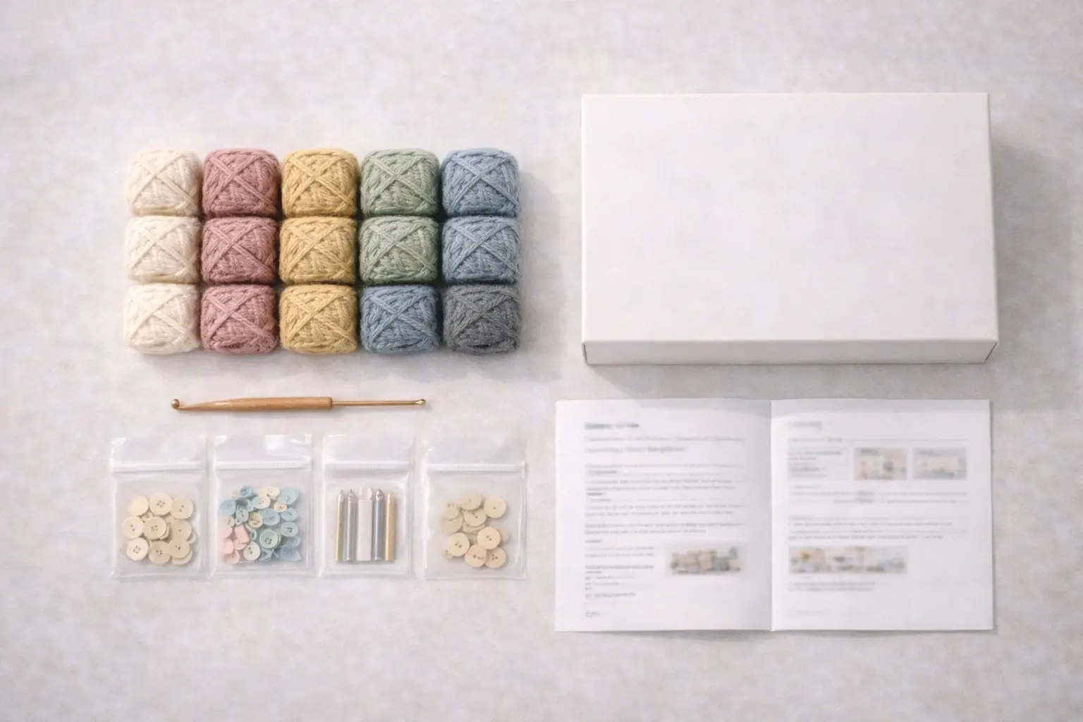 custom crochet kit components system with yarn tools instructions packaging layout
