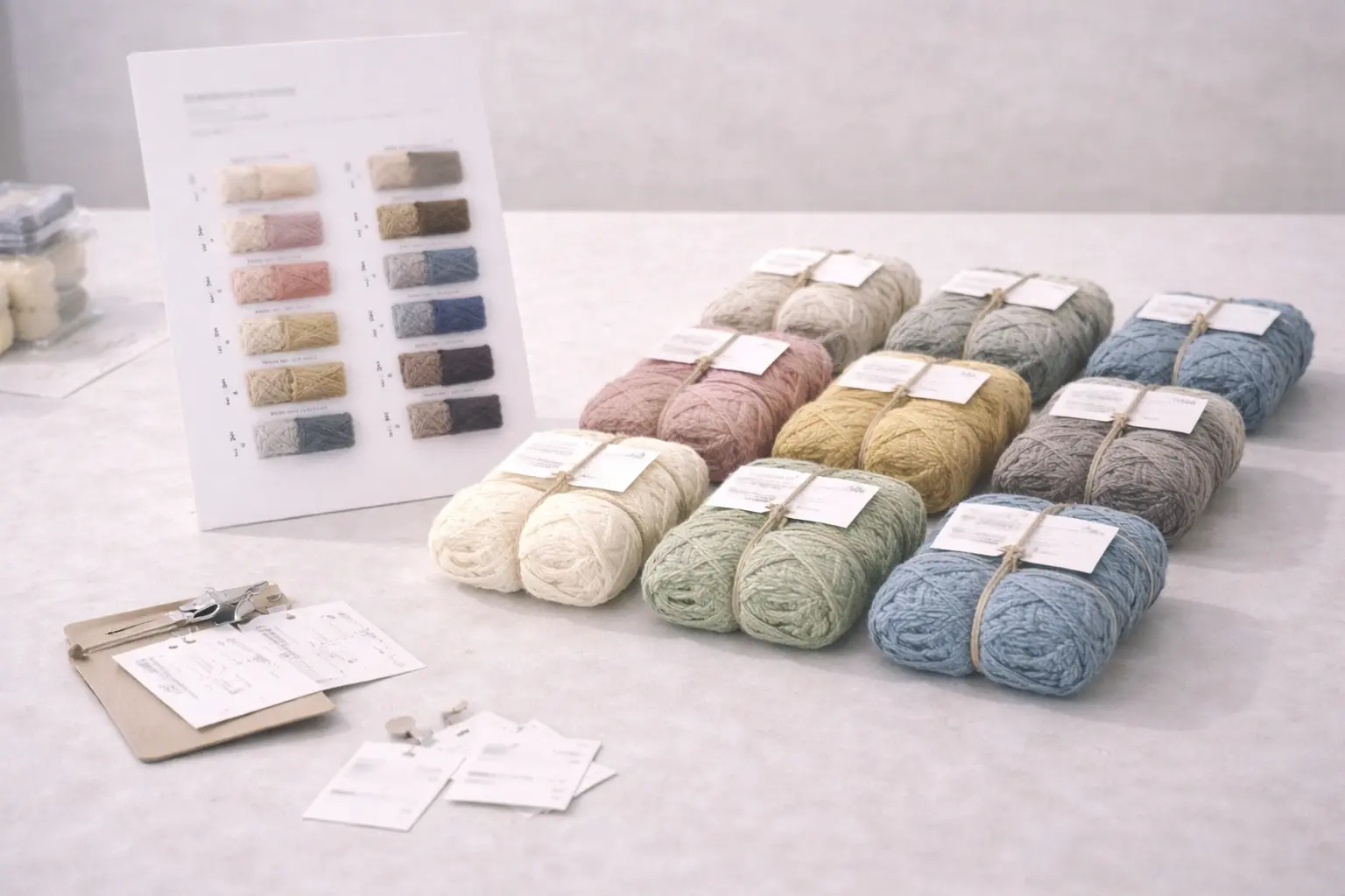 custom yarn selection for crochet kit manufacturing with color palette and material options