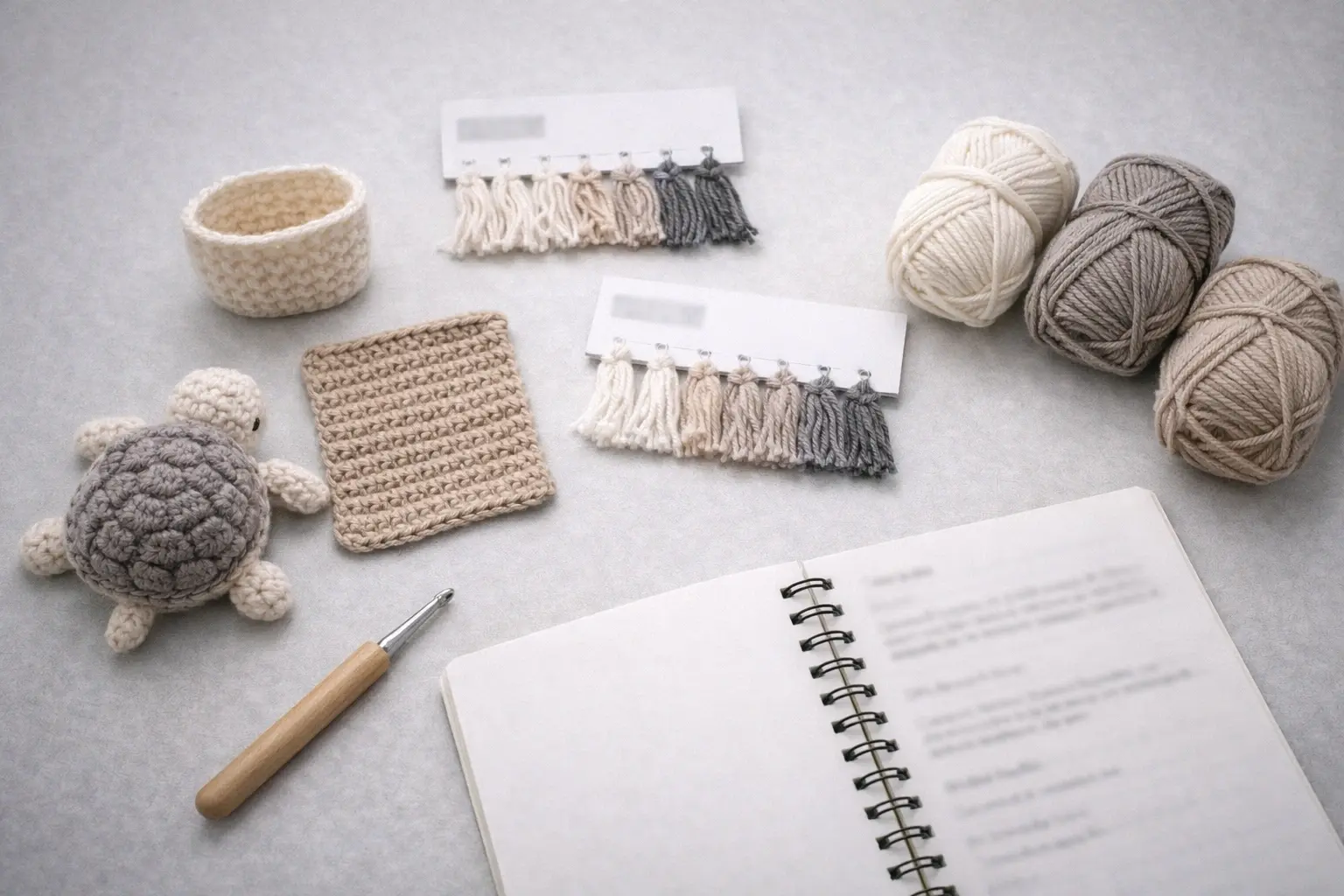 Custom crochet kit sample development workspace