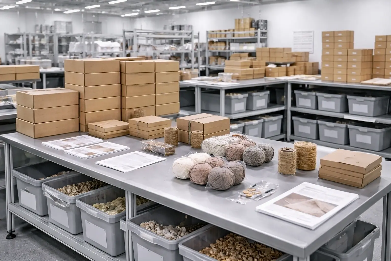 OEM crochet kit assembly and packaging workstation in a clean factory environment