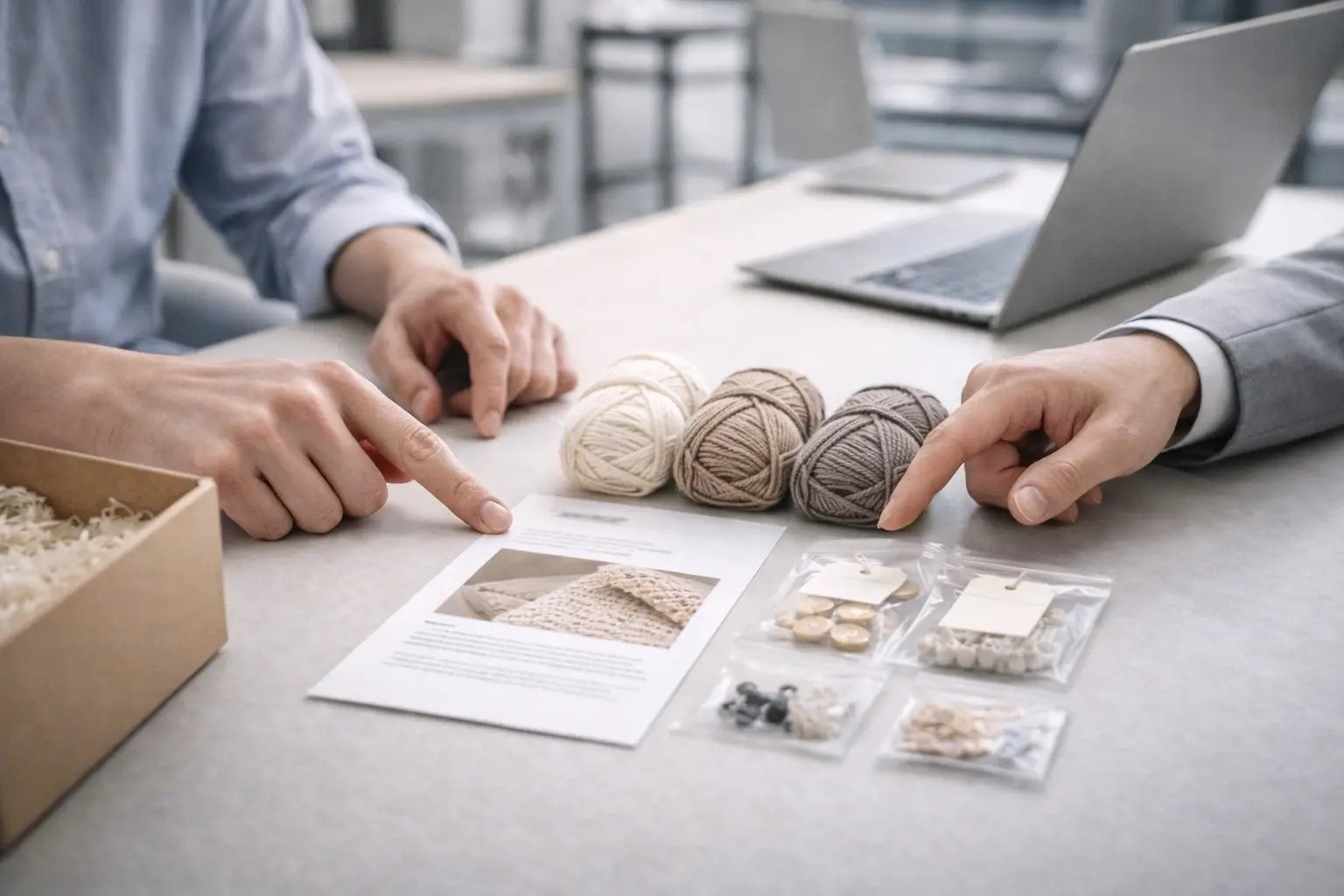 Professional product consultation meeting for crochet kit development without visible faces