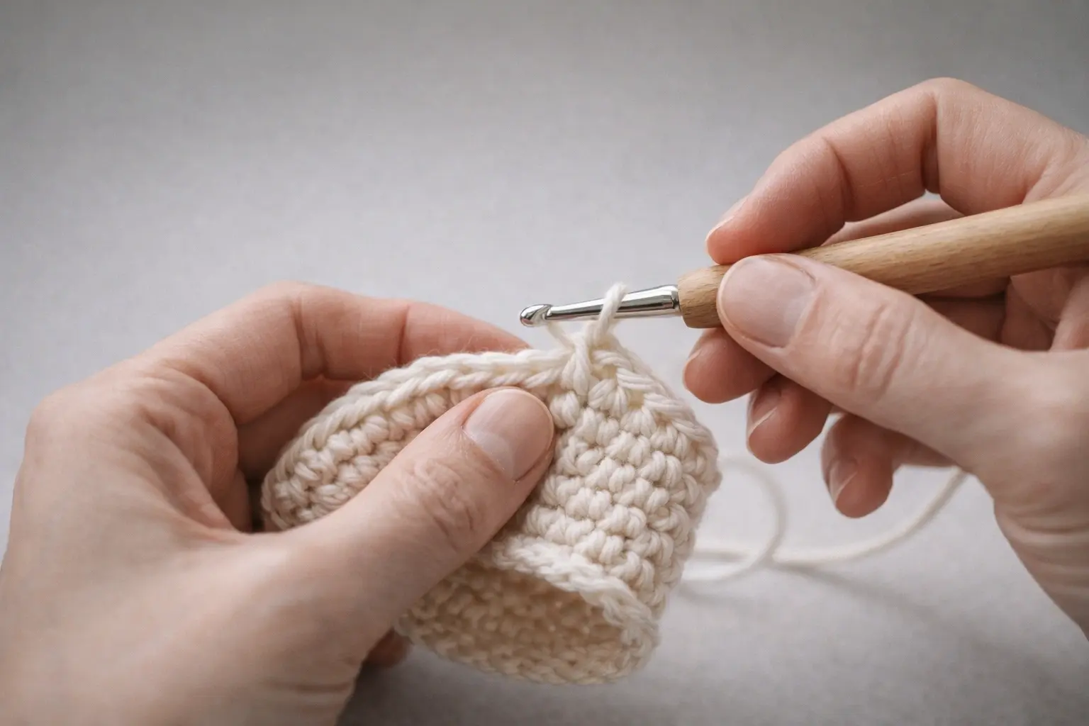 Hands-only crochet process image showing craftsmanship and controlled assembly detail
