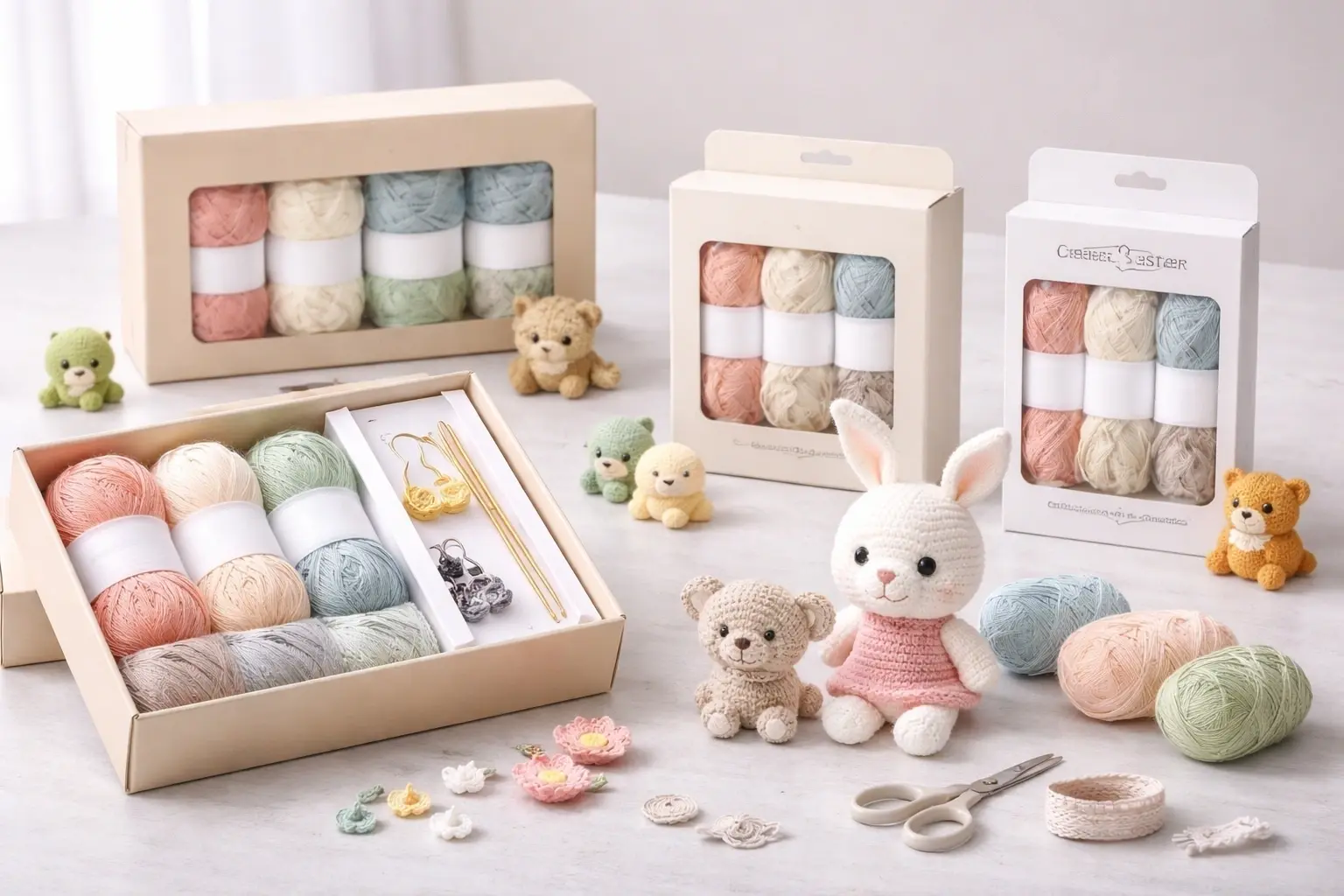 Retail-ready crochet kit presentation for store and ecommerce programs