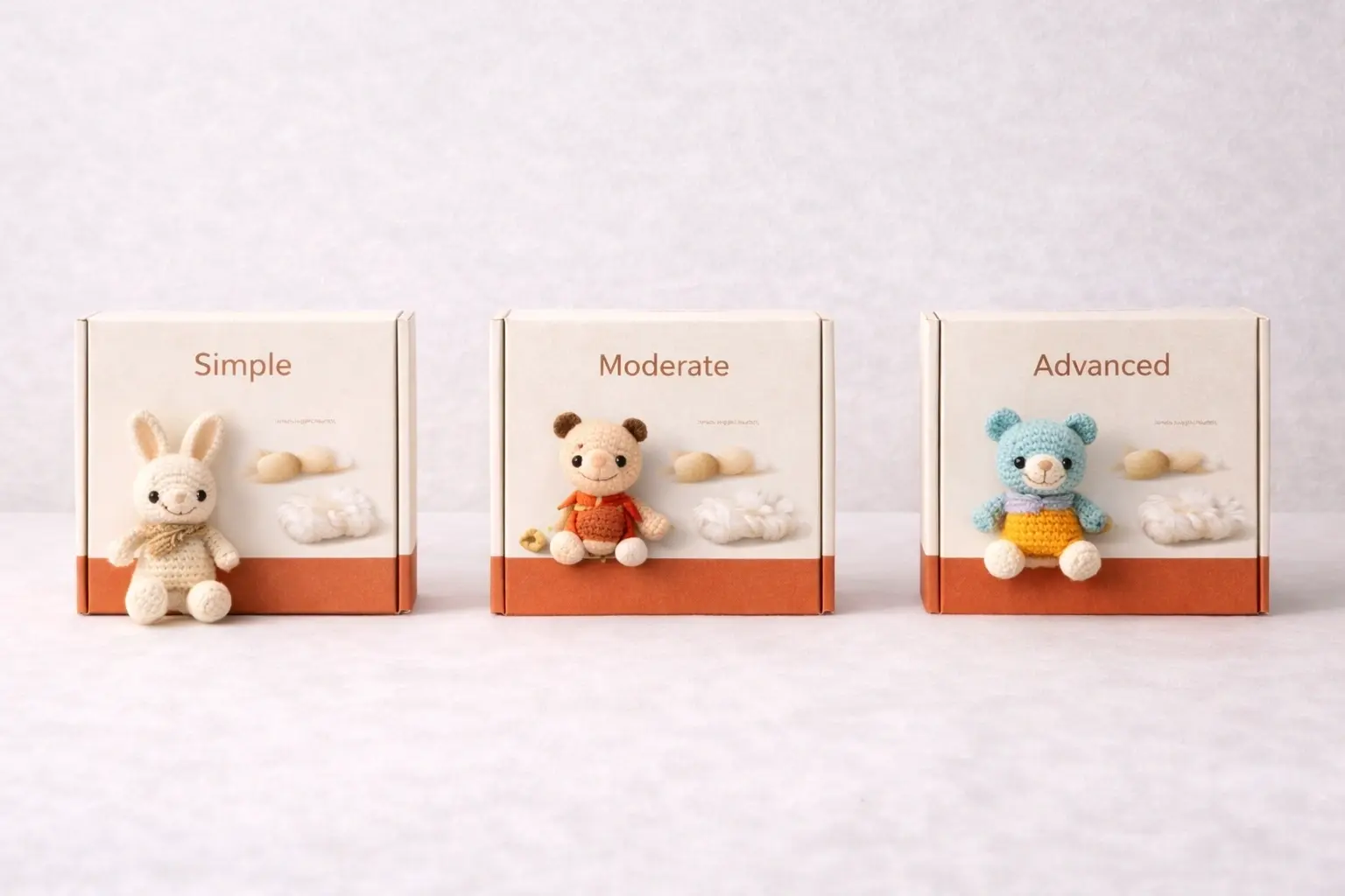 Beginner crochet kits displayed by difficulty levels for retail and private label development