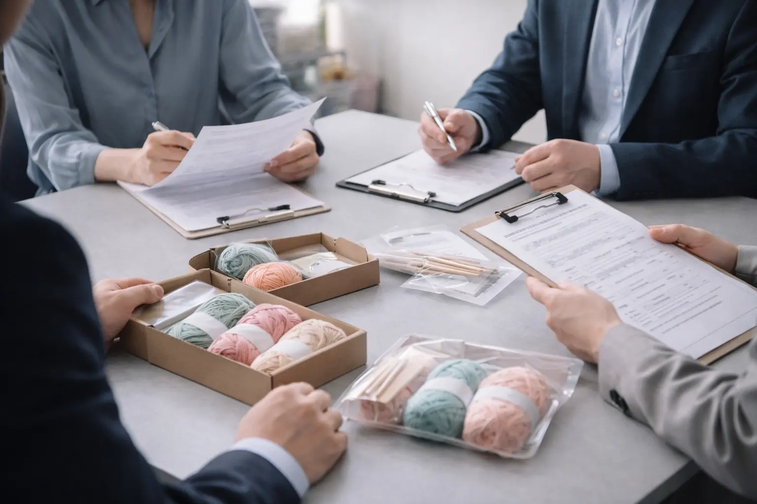 Business professionals reviewing product compliance documents with sample kits on a meeting table