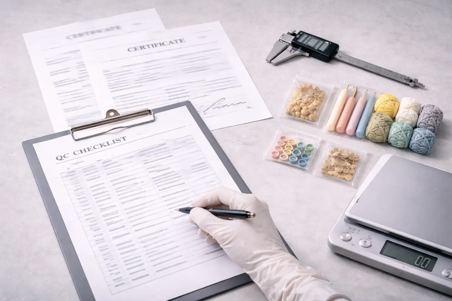 Compliance documents and inspection tools used in crochet kit cost and quality review