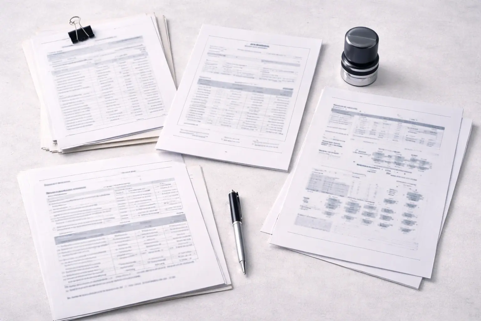 Redacted compliance documents and inspection tools in a clean flatlay setup