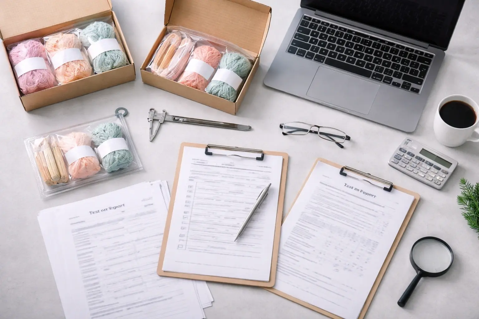 Product compliance workflow with sample kits, checklist papers, test report documents, and organized desk