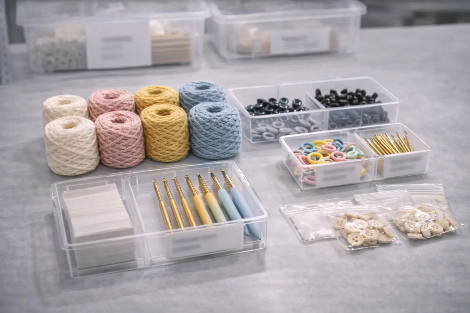 Standardized crochet kit component categories including yarn, tools, packaging, and instruction systems