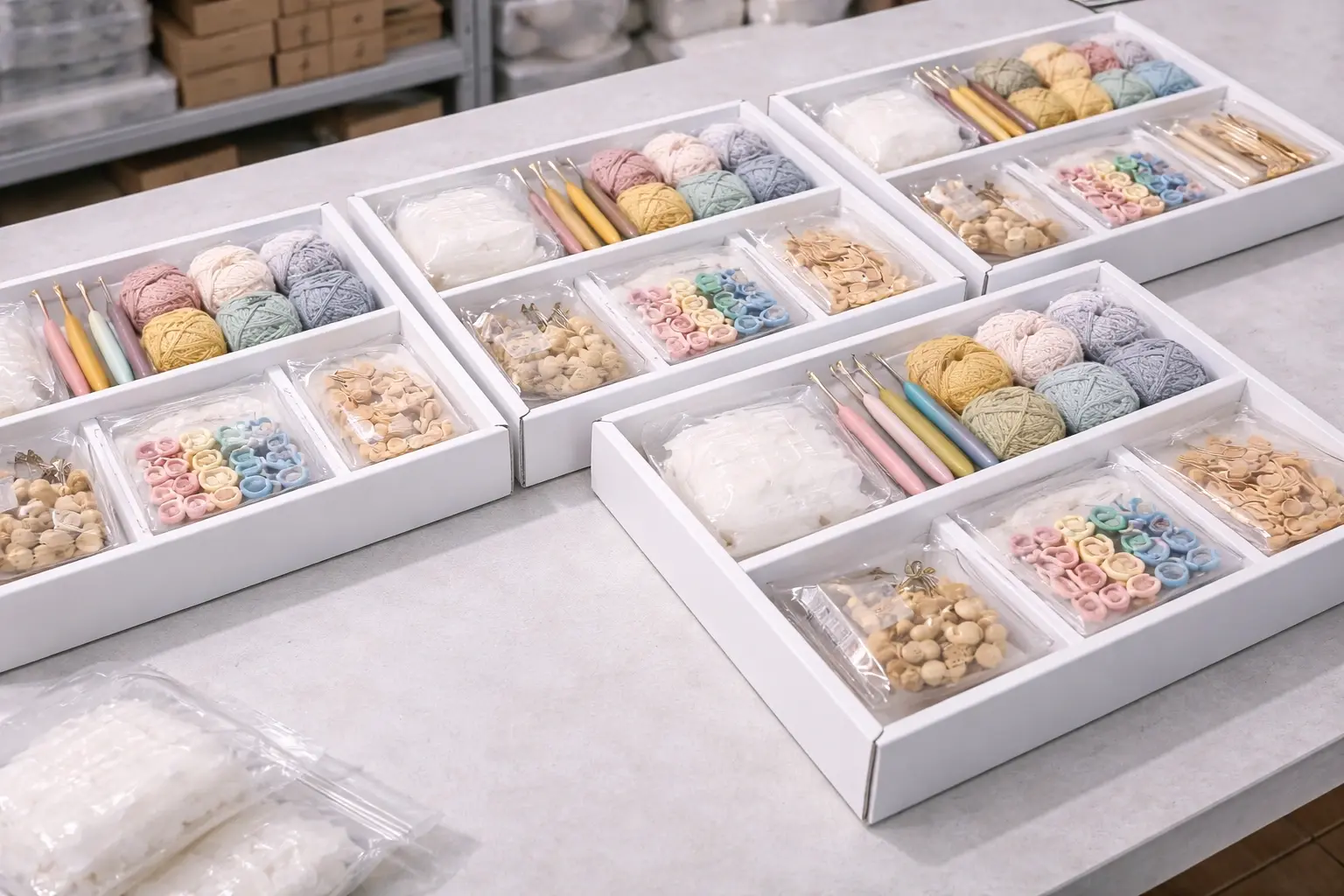 Standardized crochet kit components organized for BOM-based MOQ planning