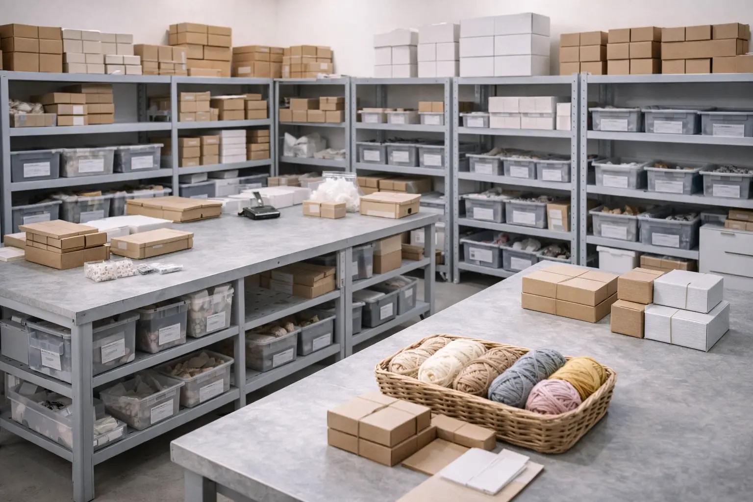 Organized DIY crochet kit production area showing standardized manufacturing workflow
