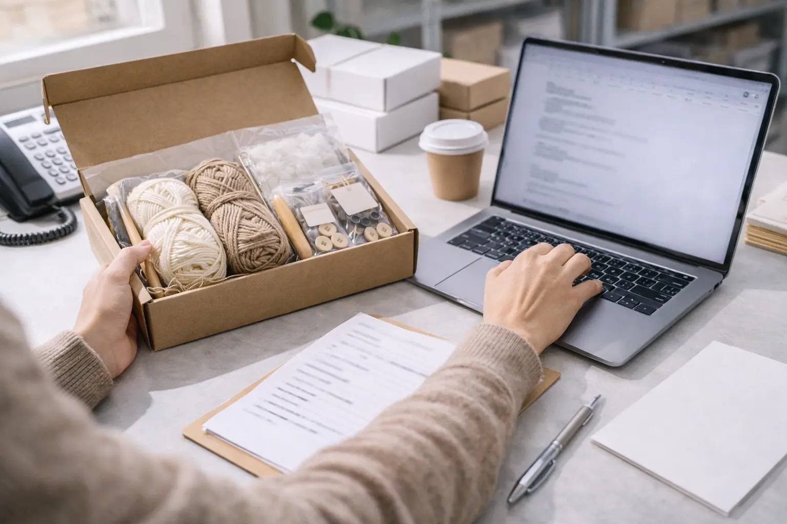 Customer support reviewing crochet kit samples and project notes