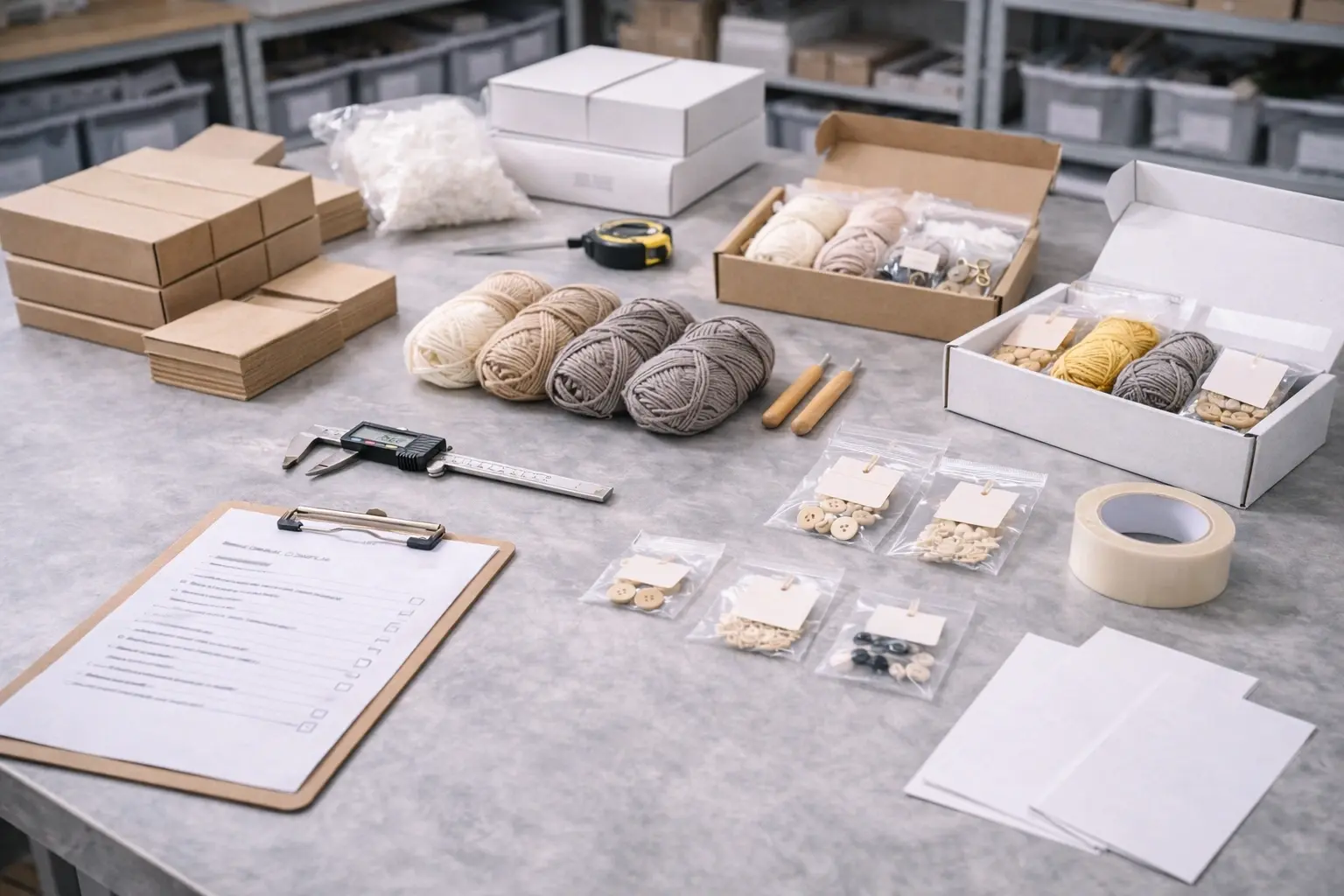 OEM DIY crochet kit assembly and packaging support in a clean professional workspace