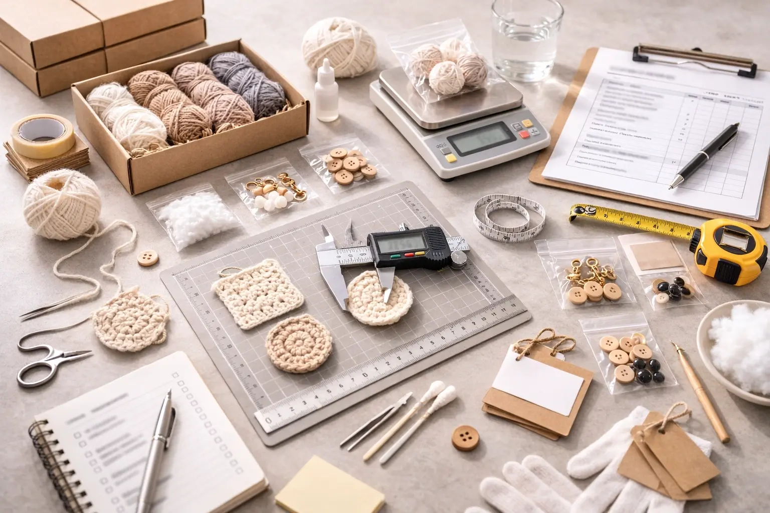 Quality inspection tools and documentation beside DIY crochet kit components