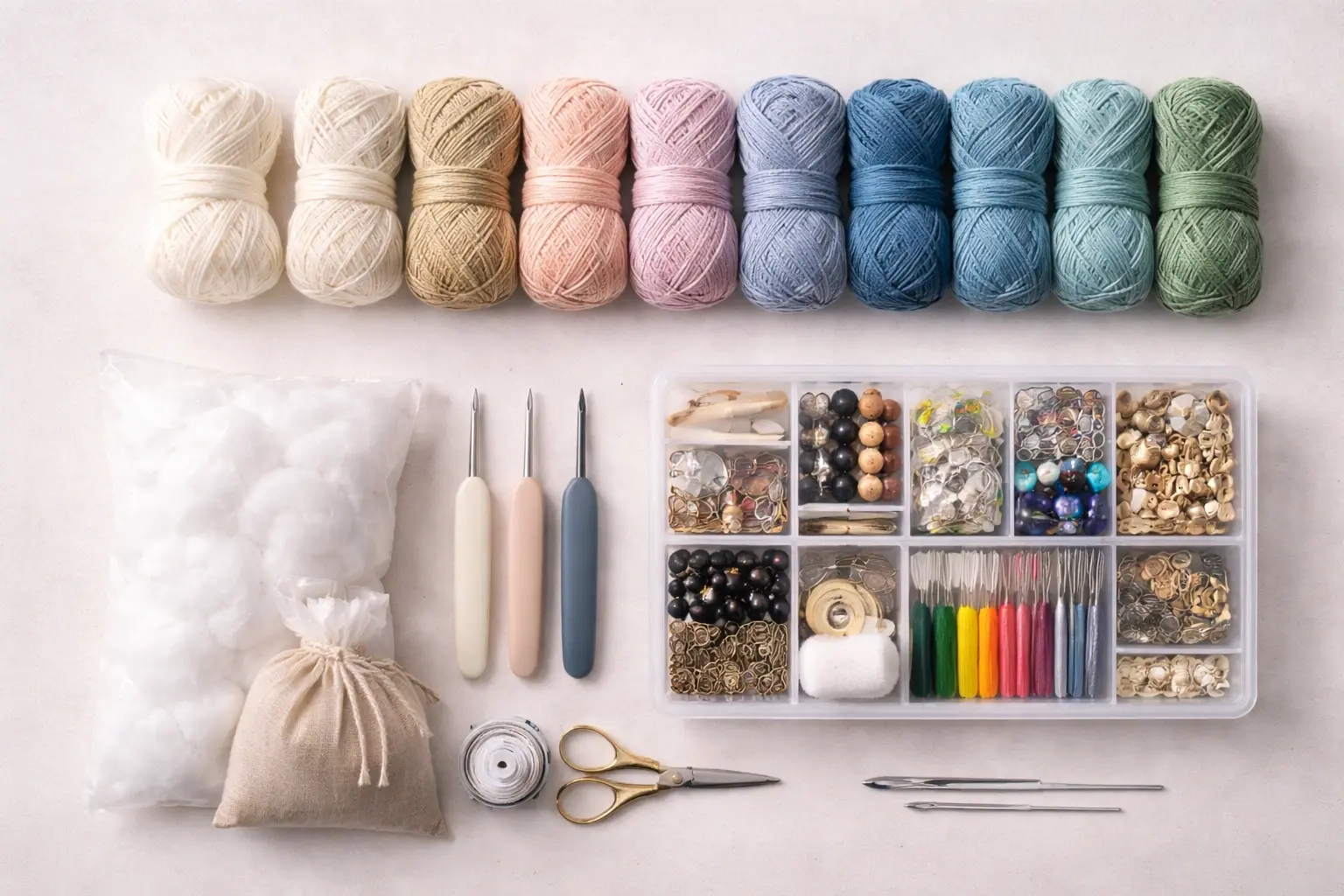 standardized DIY crochet kit materials arranged in a flat lay for multi site coordination