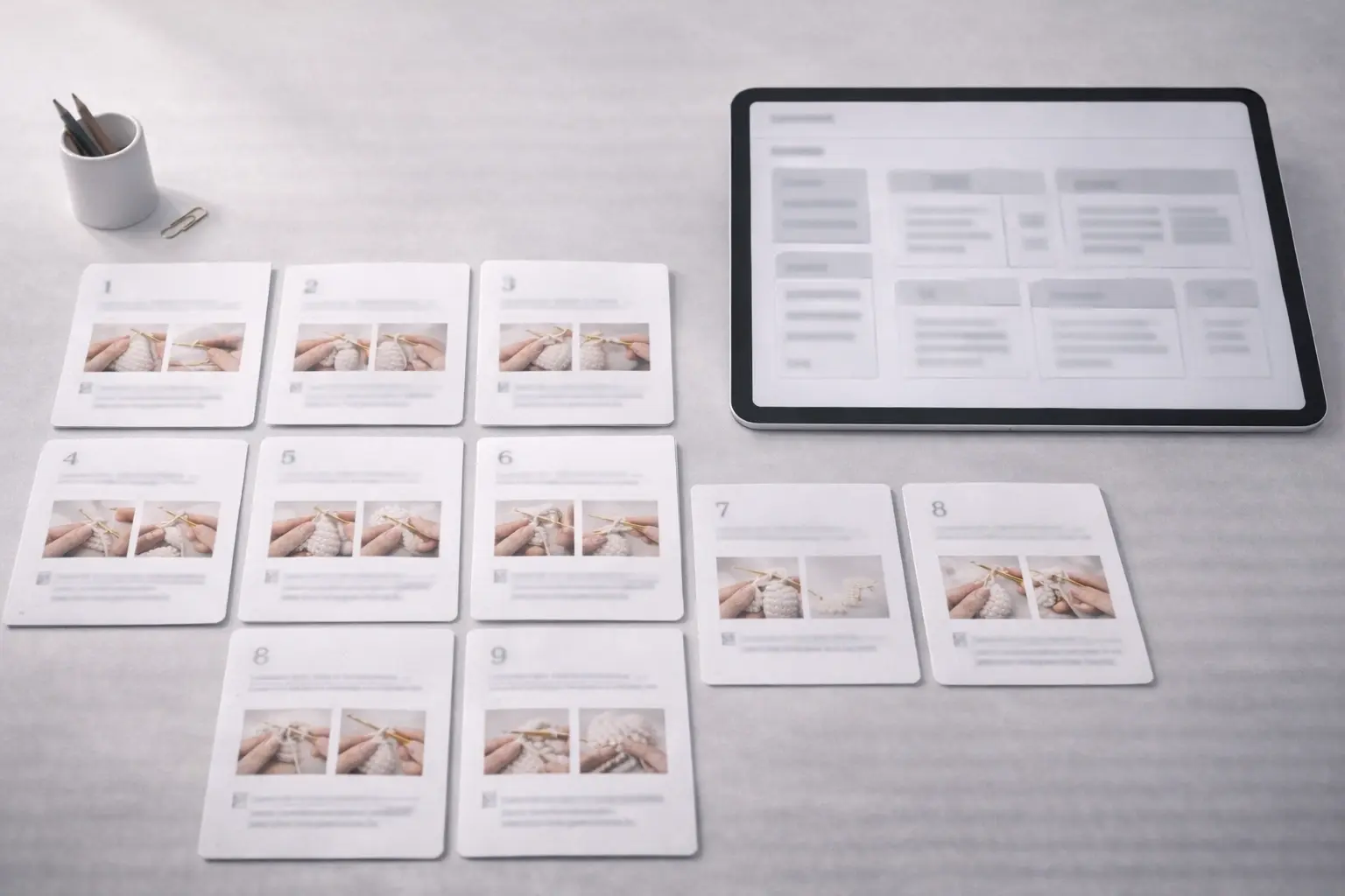 component-based crochet instruction library with reusable tutorial modules arranged in a structured system
