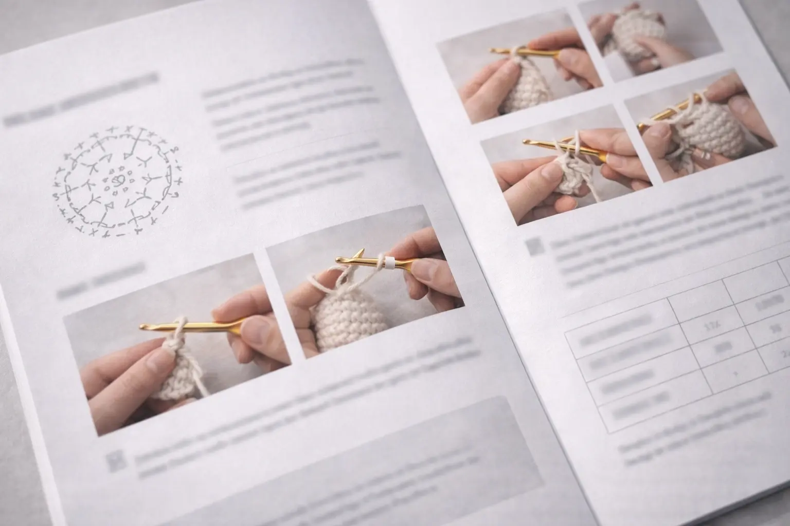 sample crochet instruction page preview with step photos, layout blocks, and tutorial callouts