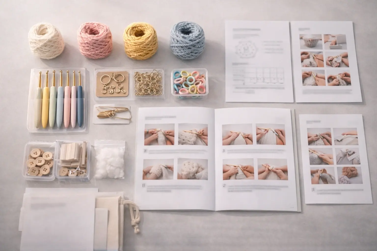 crochet kit instruction system workspace with standardized tutorial materials, yarn, hooks, and booklet layout references