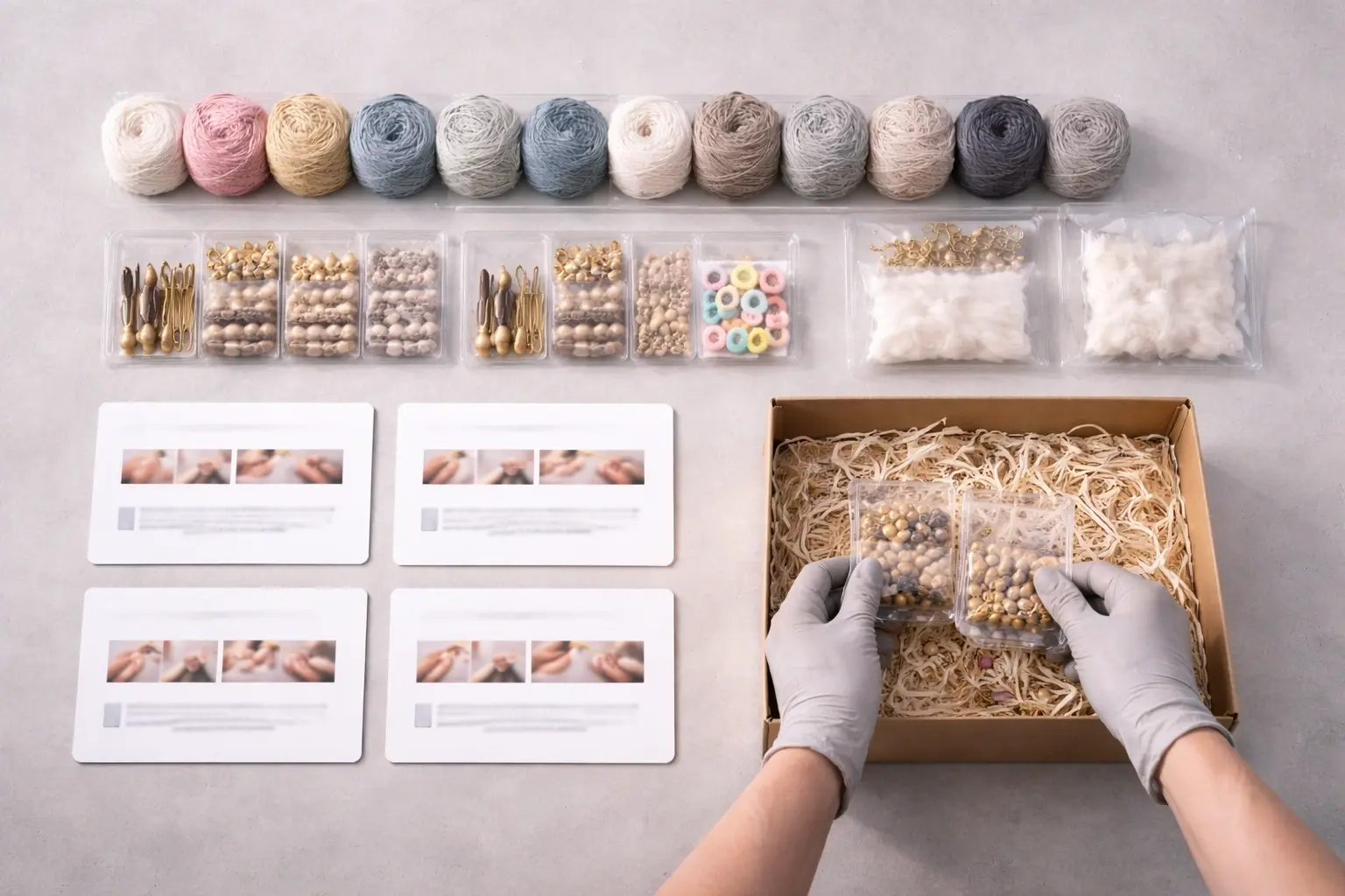 step by step crochet kit assembly workflow with components arranged in sequence