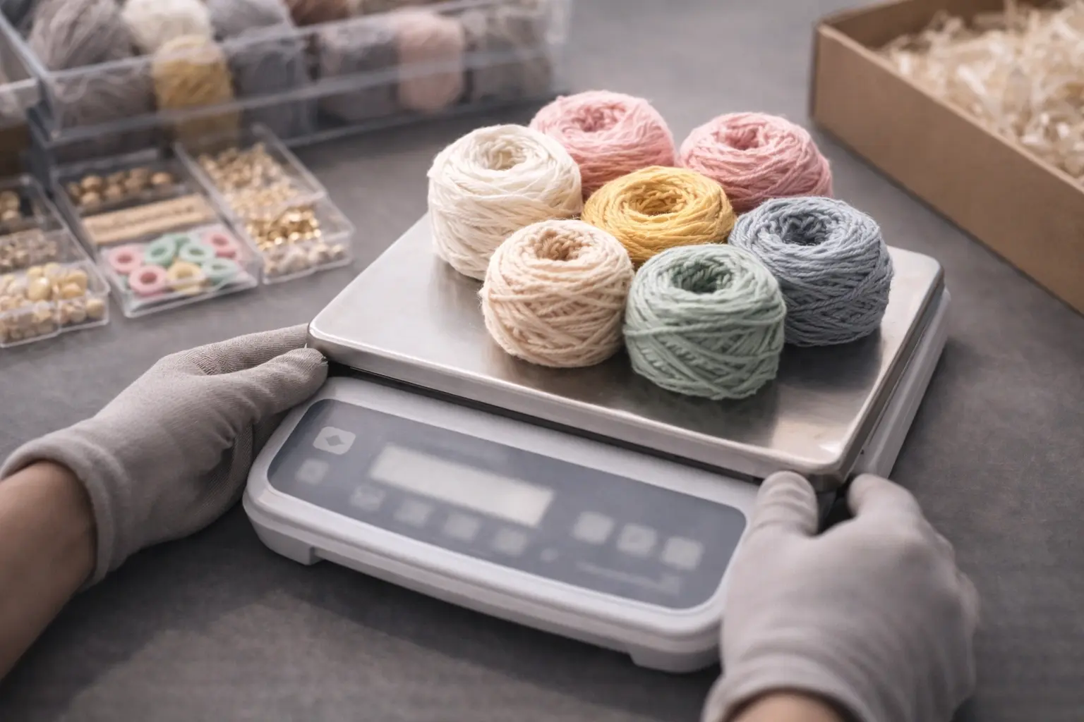 yarn bundles being weighed during crochet kit assembly quality check