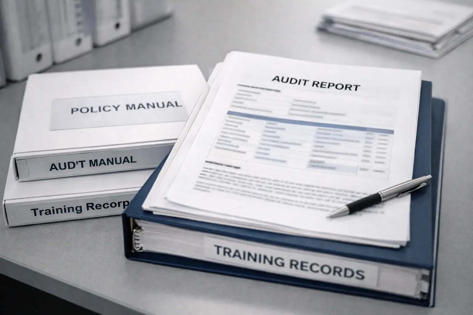 Audit documentation, policies, and records arranged on a desk with sensitive text blurred