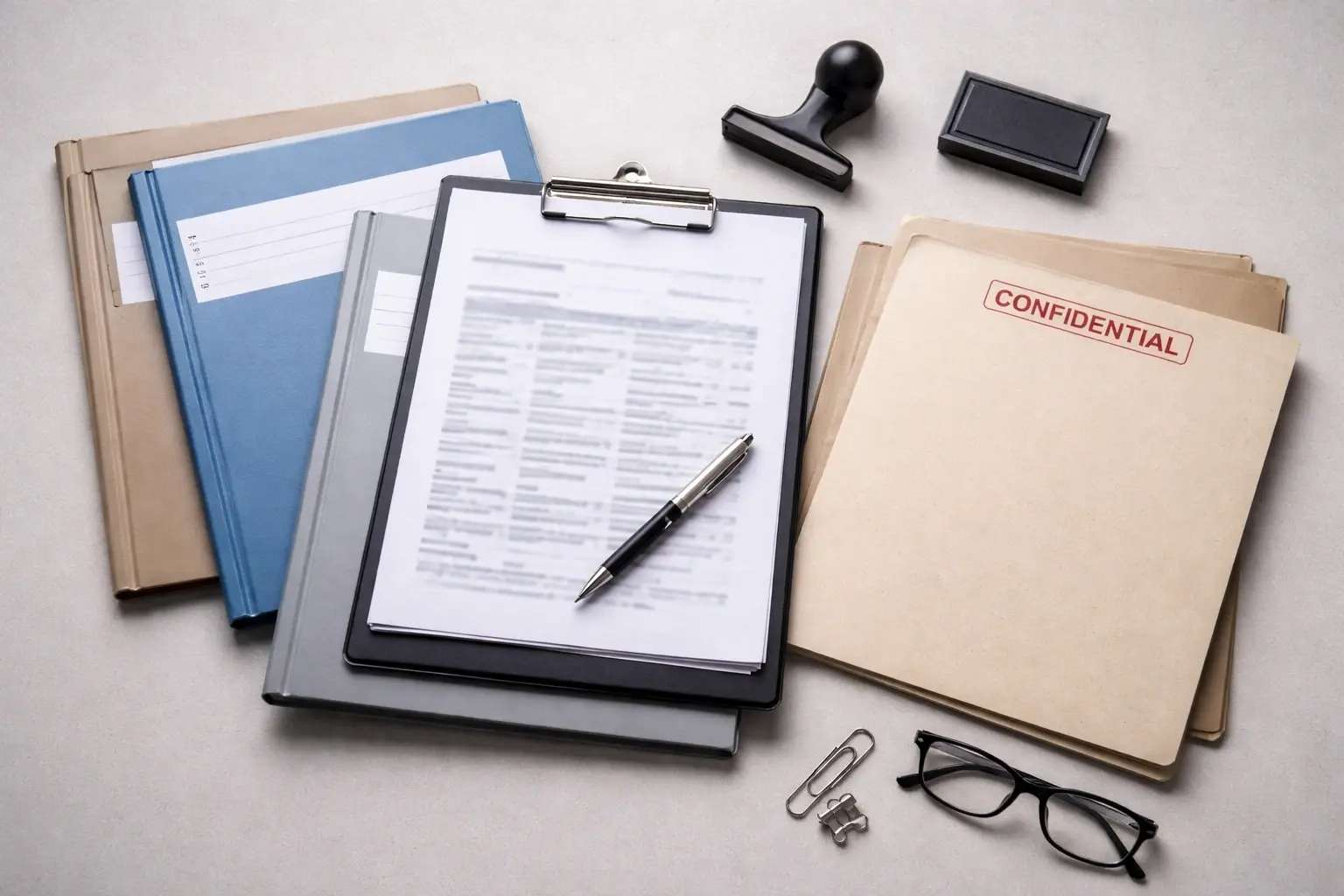 Compliance document pack with folders, paperwork, and audit materials arranged for review