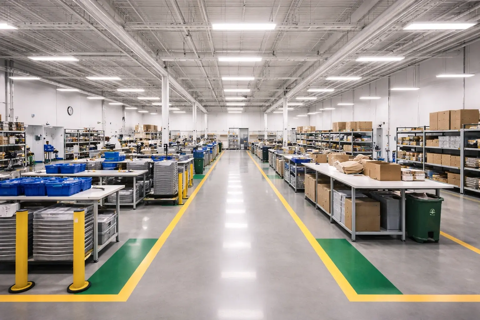 Clean compliance-focused factory corridor with clear zoning and organized manufacturing environment