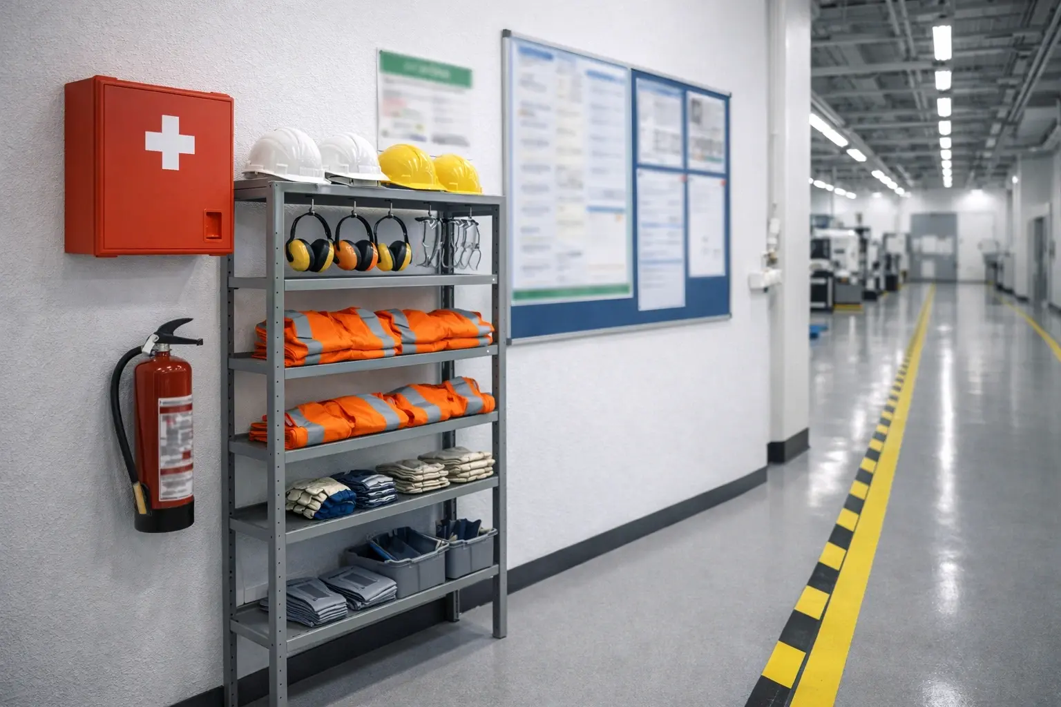 Health and safety corner with protective equipment and emergency tools in a clean factory setting