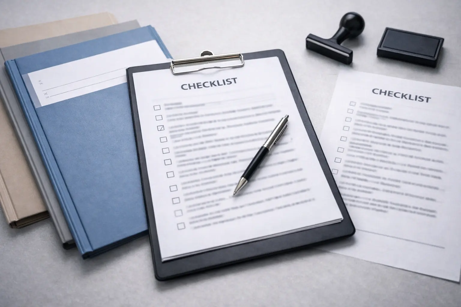 Compliance paperwork and tools arranged neatly on a desk with all text unreadable