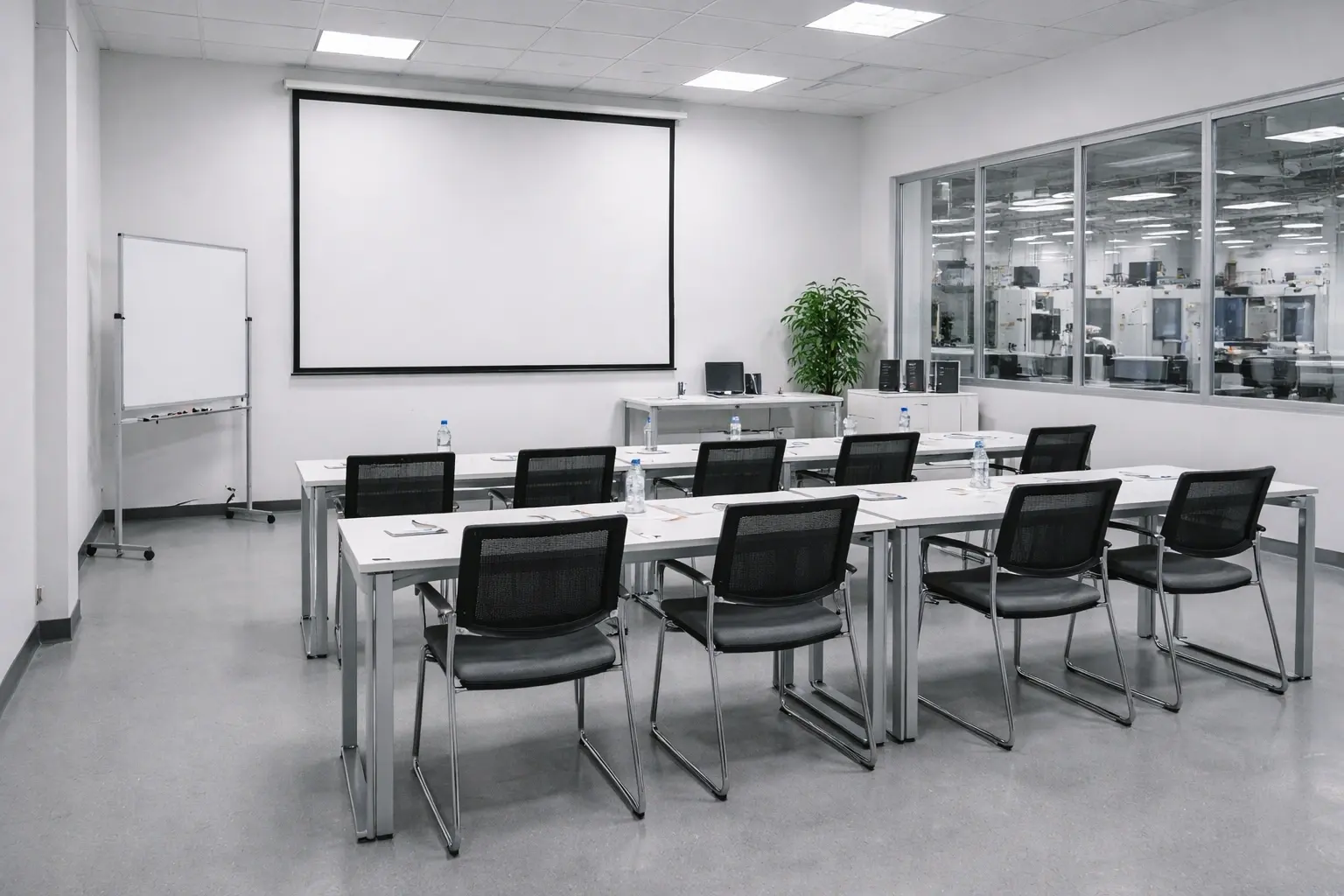 Organized training room prepared for compliance or workplace training sessions