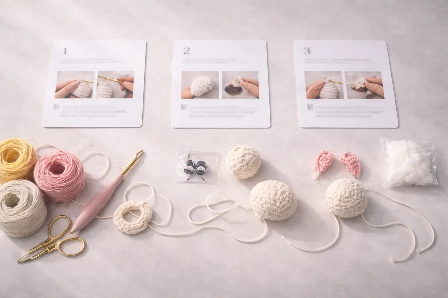 crochet kit instruction assembly process showing yarn, hook, parts, and step cards arranged in sequence