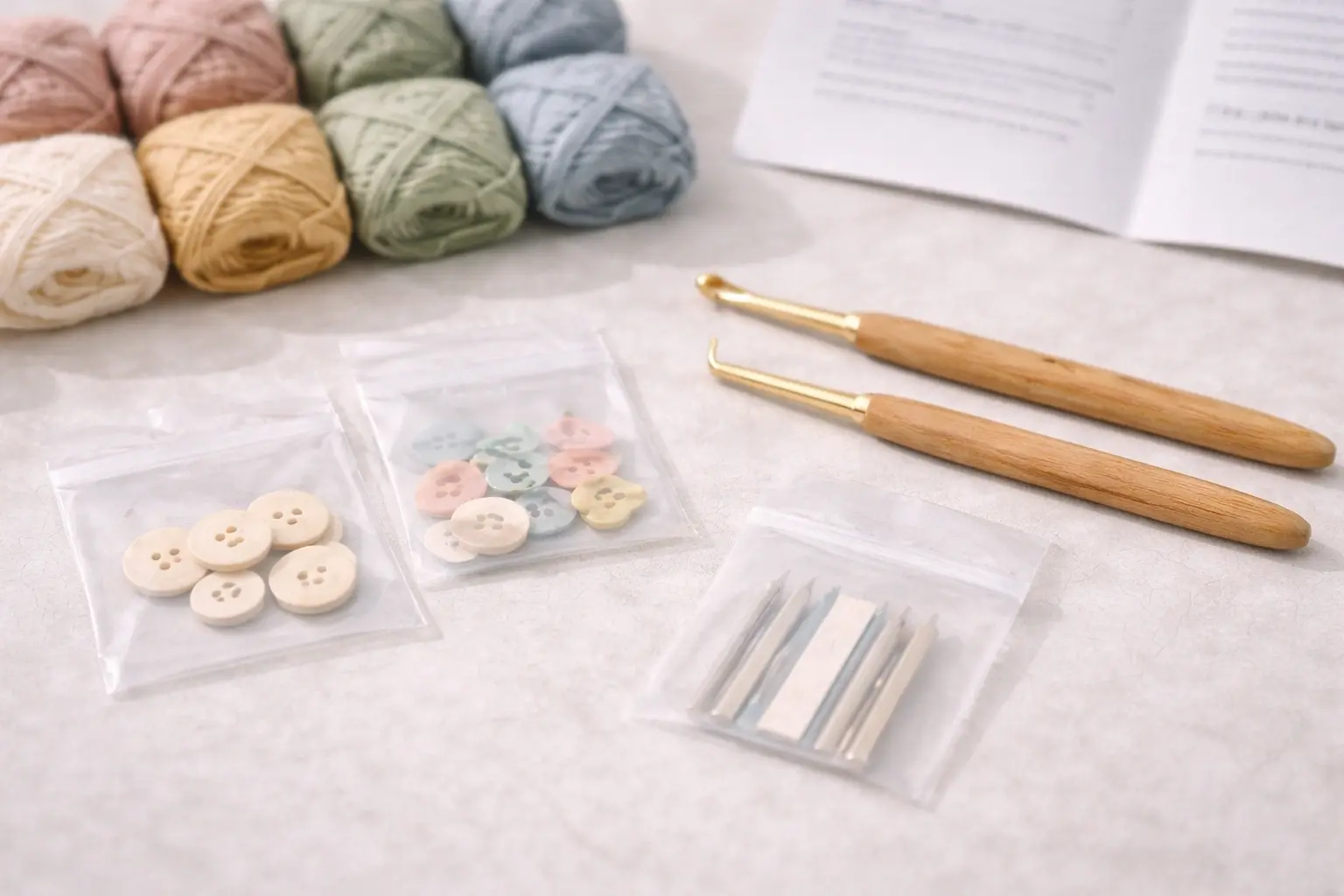 Macro detail of yarn texture, hook handle, and accessory packing in ODM crochet kit development