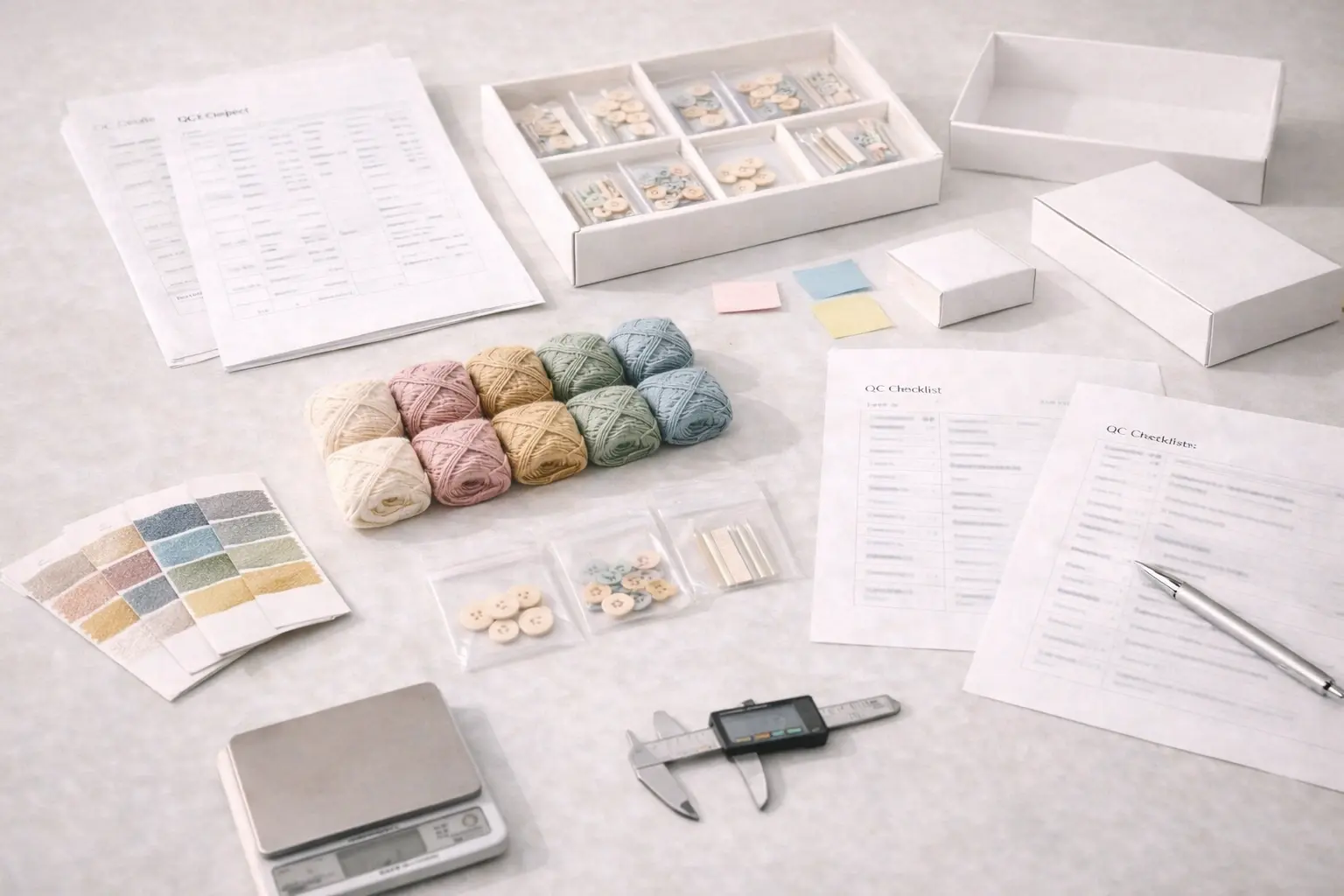 ODM crochet kit development pack with BOM sheet, swatches, packaging samples, and barcode planning area