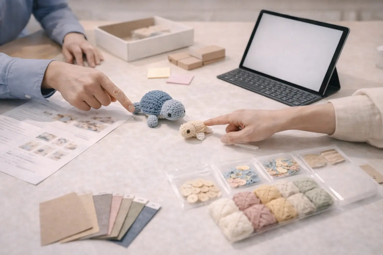 ODM crochet kit design collaboration table with samples, swatches, and planning tools