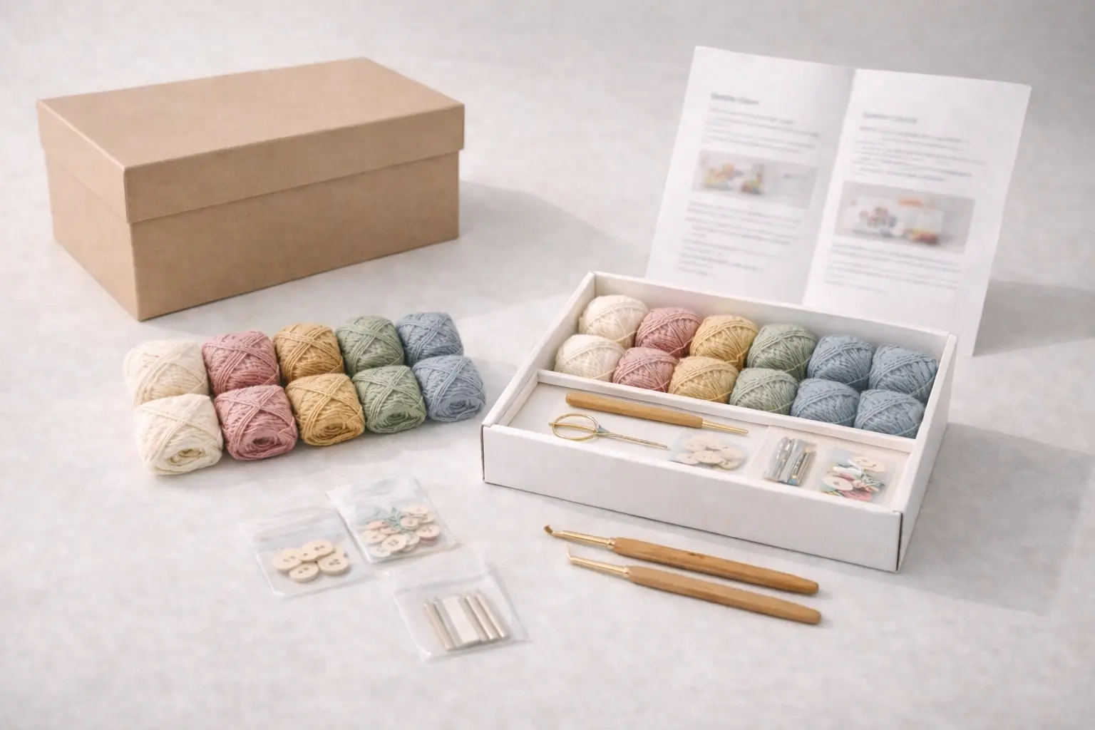 ODM crochet kit development set showing yarn, hook, accessories, instruction structure, and retail-ready packaging
