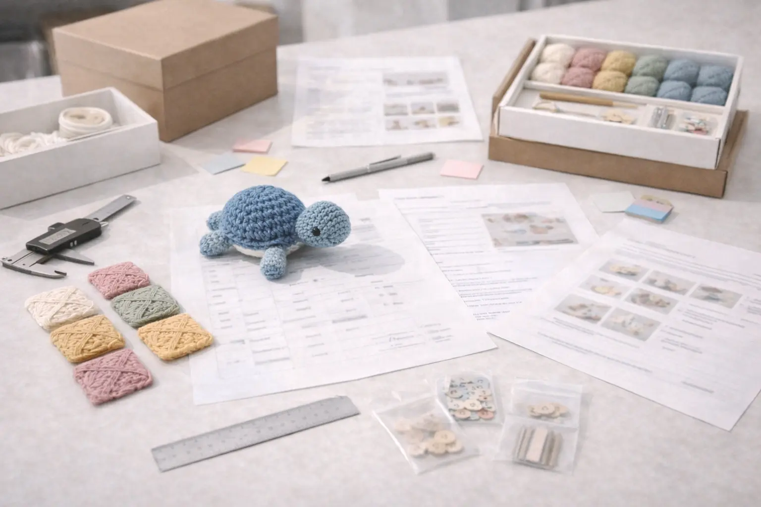 Crochet kit ODM development workstation with yarn swatches, packaging mockups, and instruction drafts
