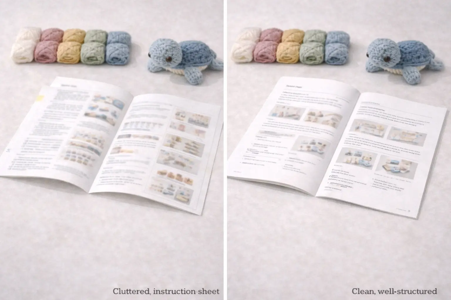 Instruction layout comparison showing more structured ODM crochet kit guidance