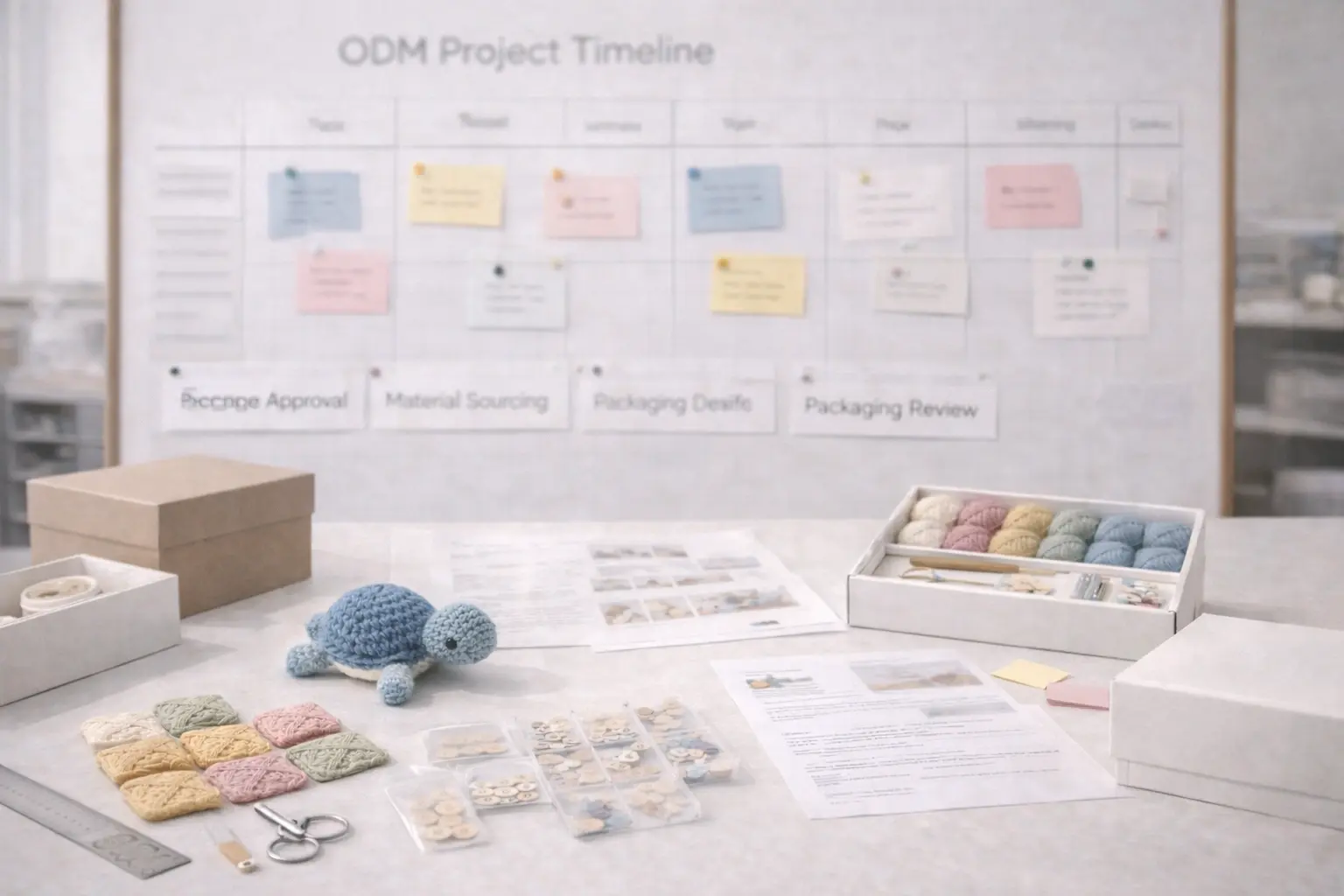 ODM crochet kit project timeline board showing sampling and packaging stages