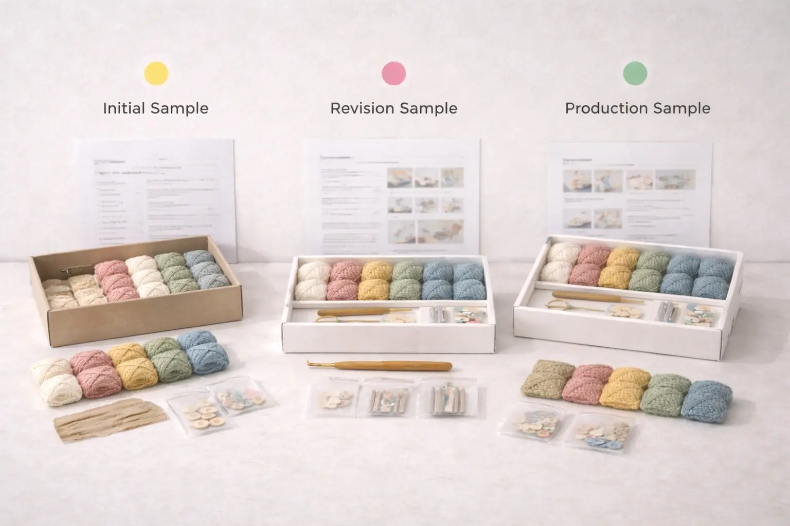 Three sample stages in ODM crochet kit development