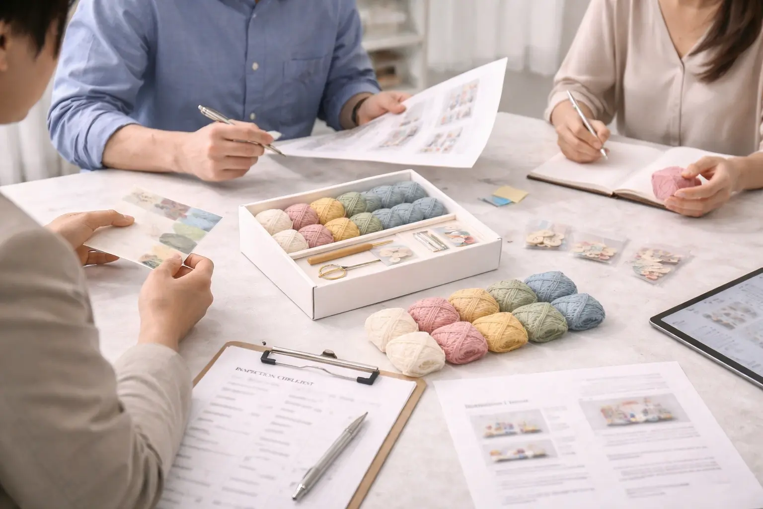 Client project meeting with crochet kit samples, swatches, and product review materials