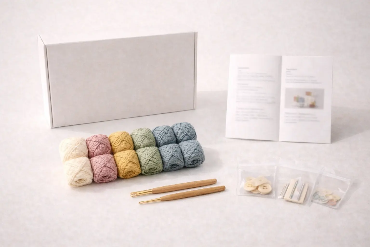 OEM crochet kit manufacturing hero set with yarn, hook, accessories, packaging, and retail-ready layout