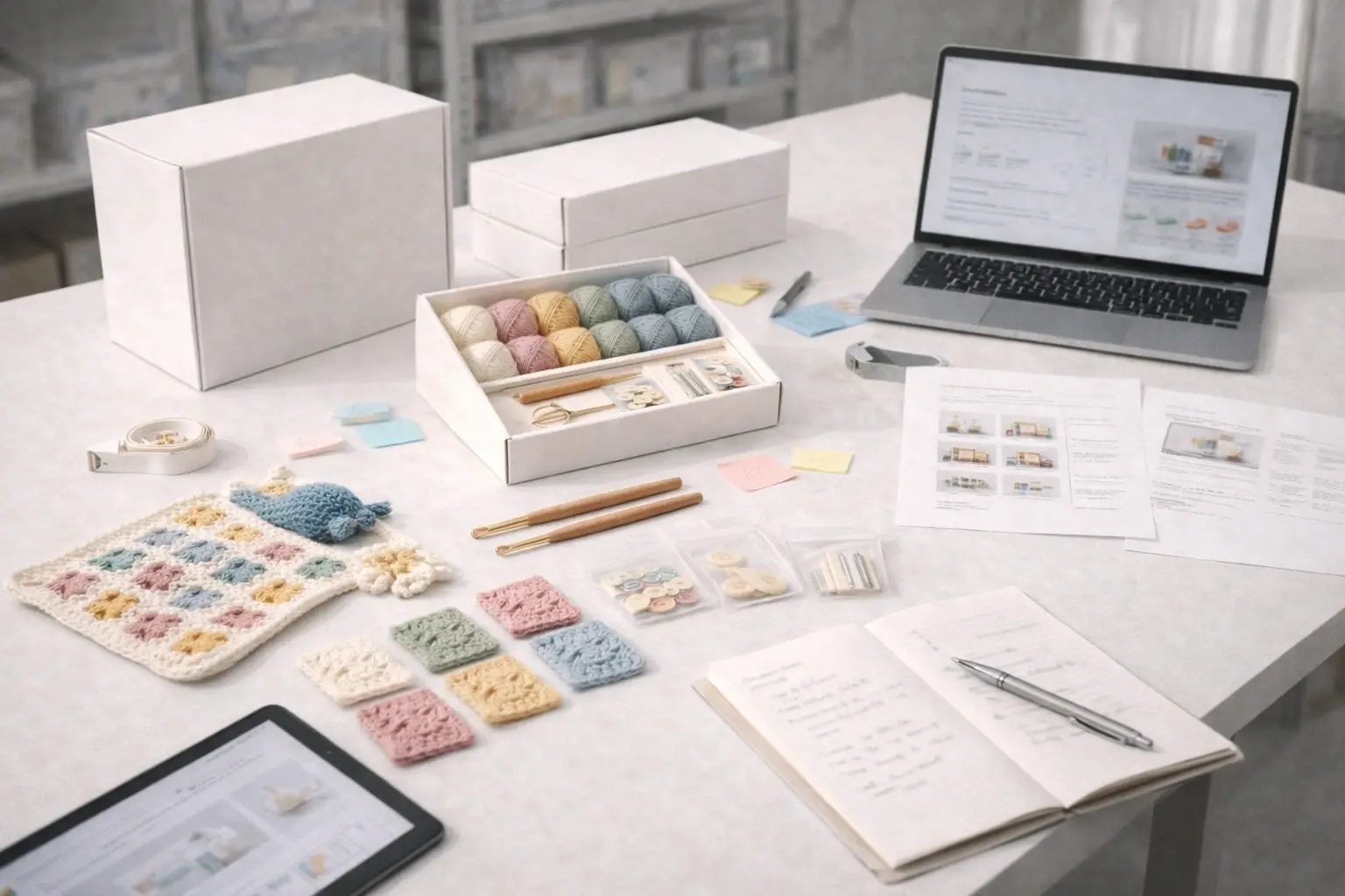 Crochet kit production development workspace with tools, materials, pattern notes, and packaging mockups