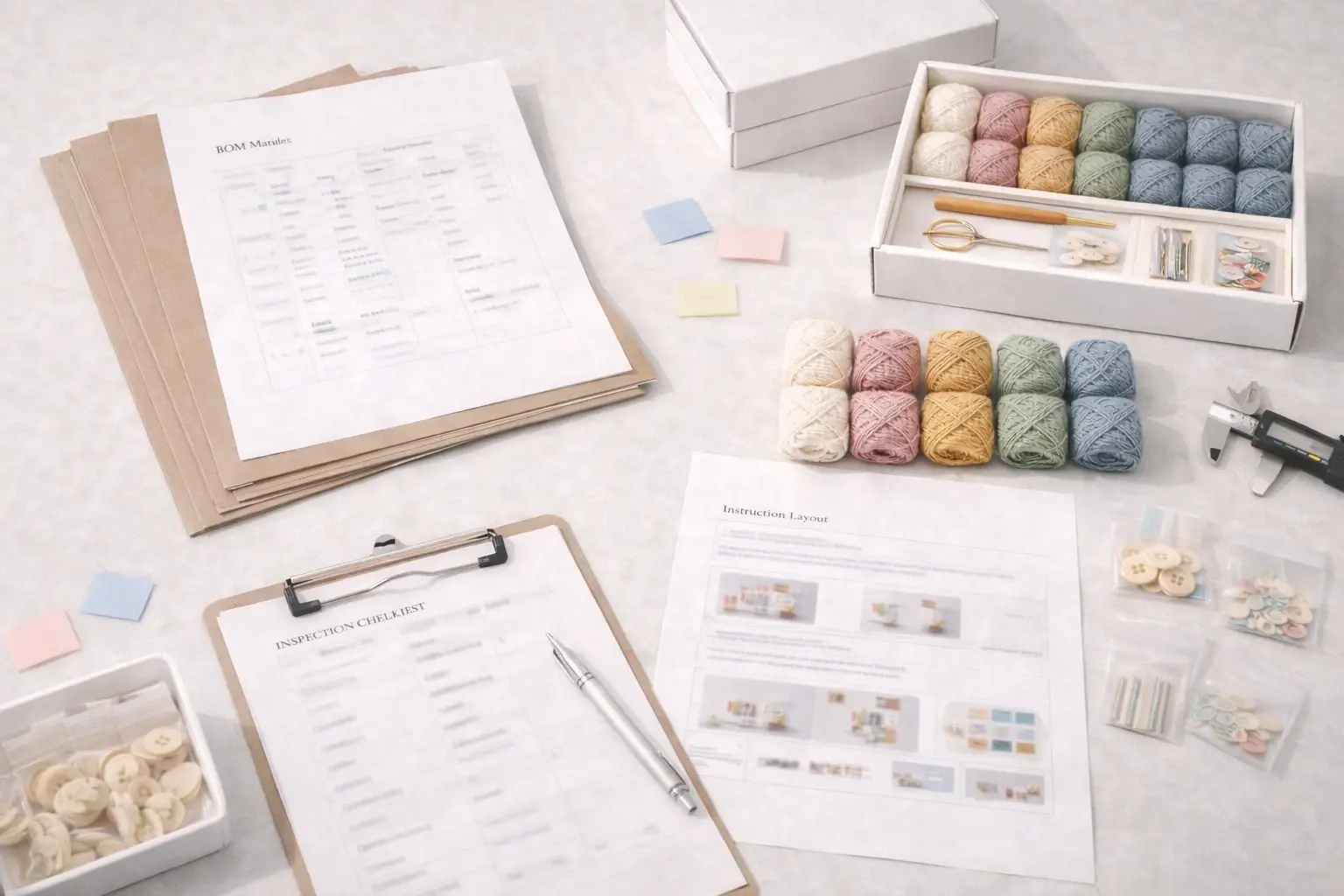 OEM crochet kit production deliverables pack with BOM sheets, materials, labels, and packaging samples