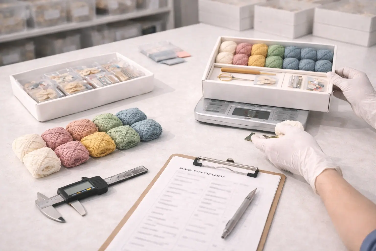 OEM crochet kit quality control inspection with sampled components and measurement tools