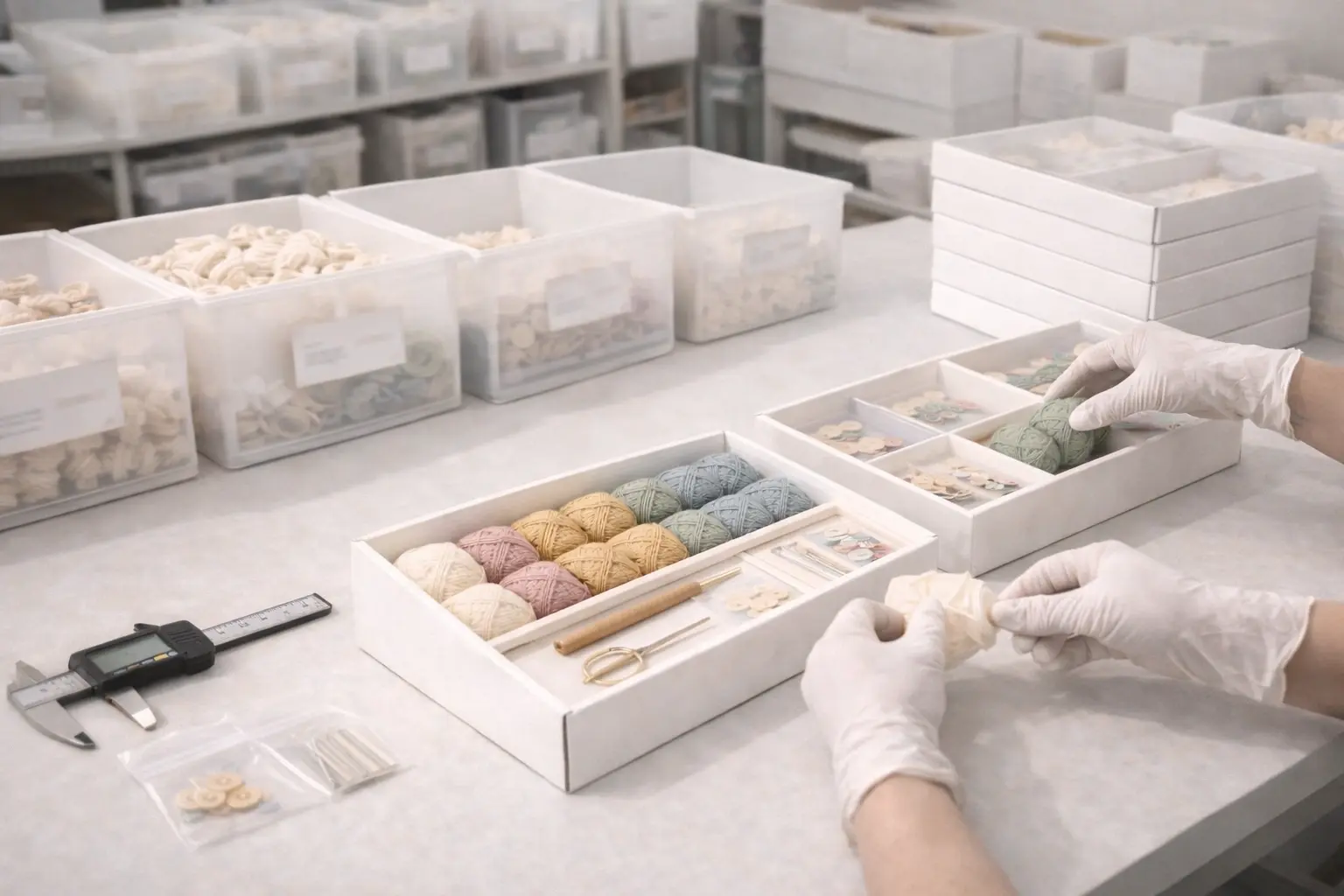 Standardized crochet kit production and assembly workflow with sorted components and packaging