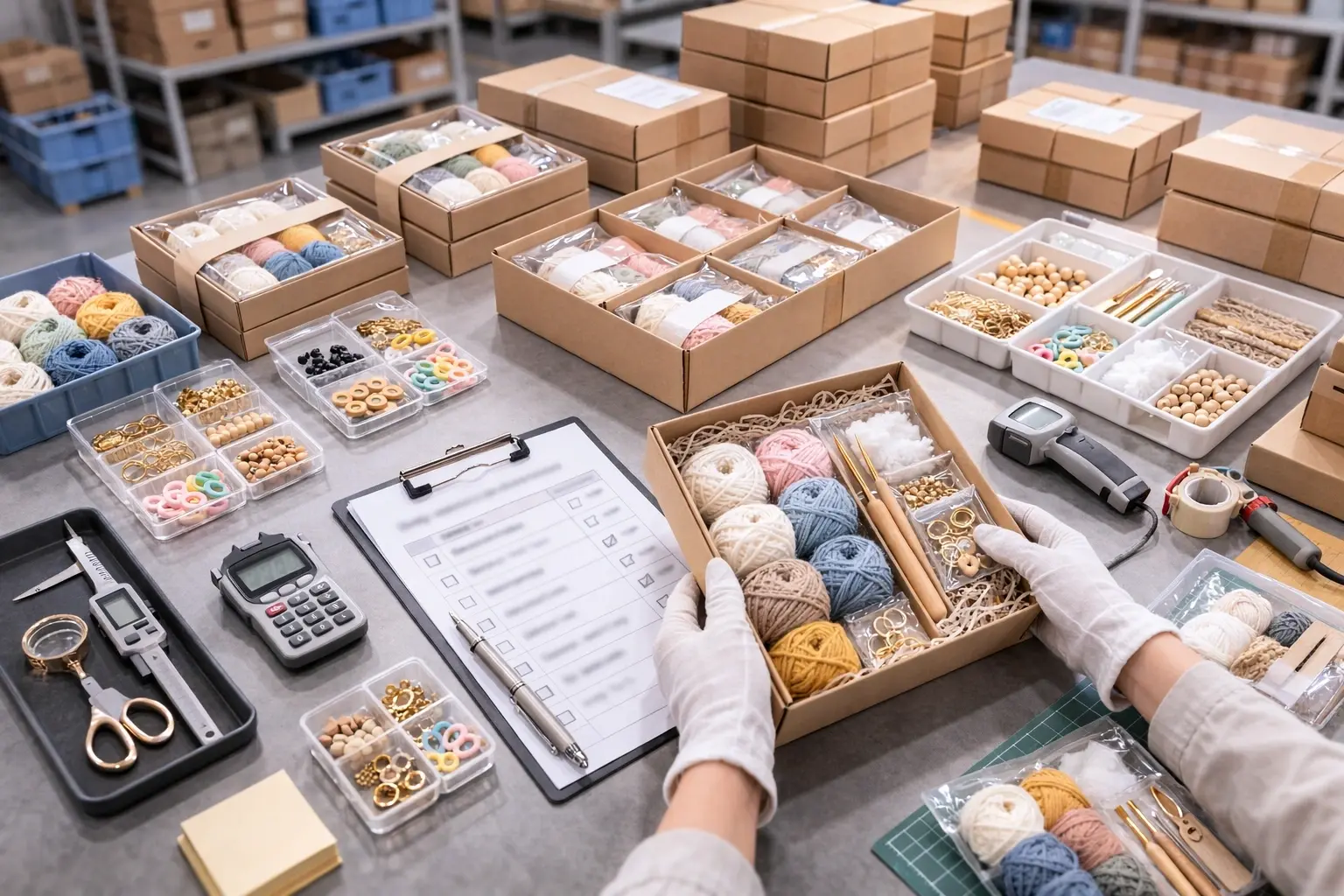 inspector checking packaged crochet kits with checklist and sampling box
