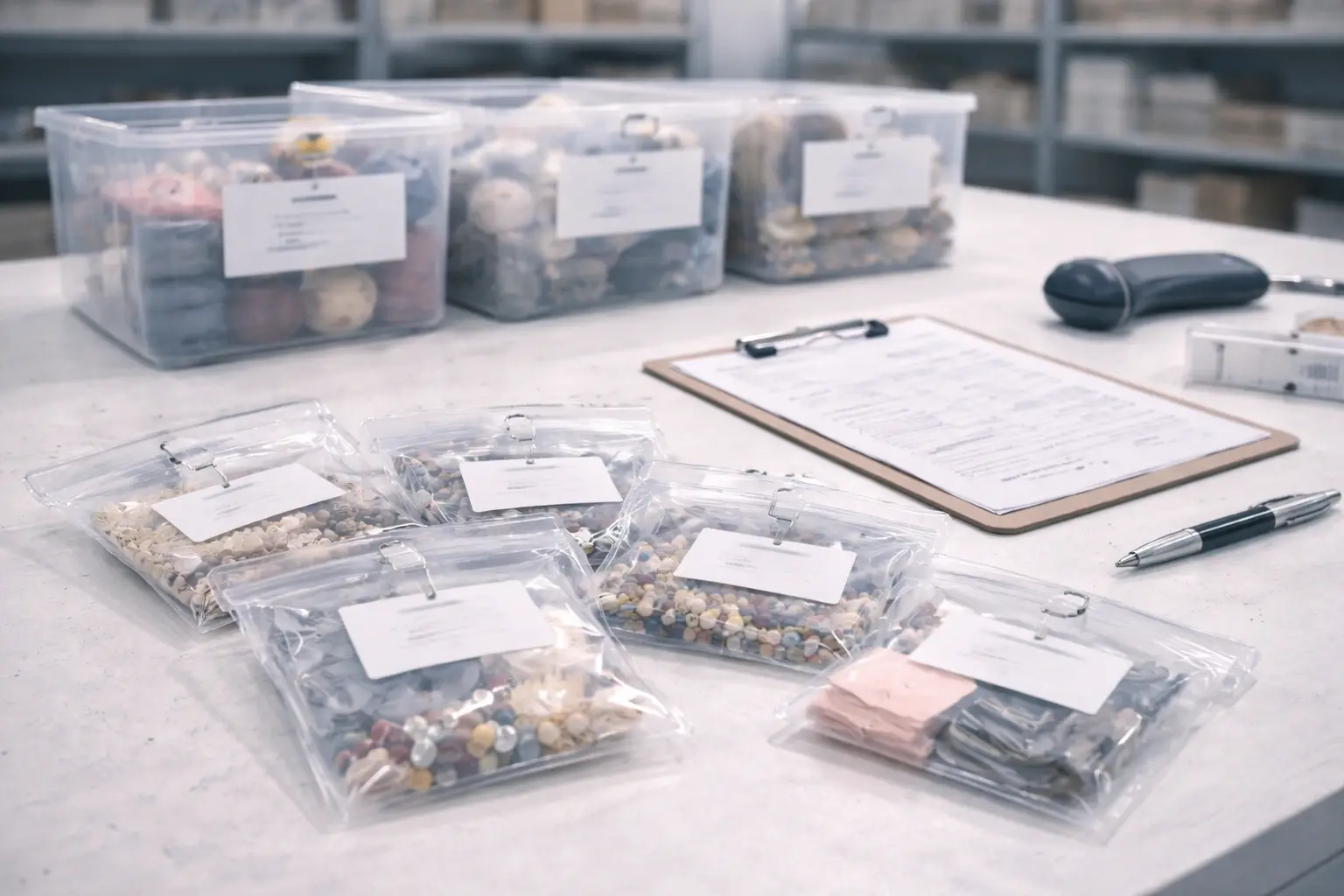 Batch traceability setup with labeled containers and lot identification