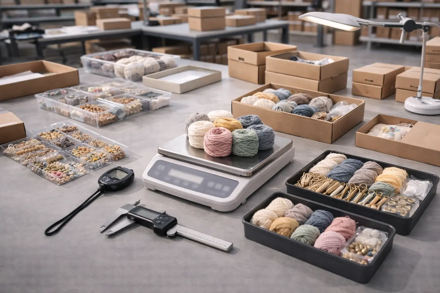 quality control inspection station for crochet kits with scales trays and verification tools