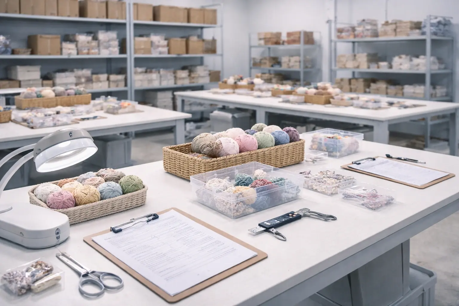 Quality control workspace in a clean crochet kit production environment