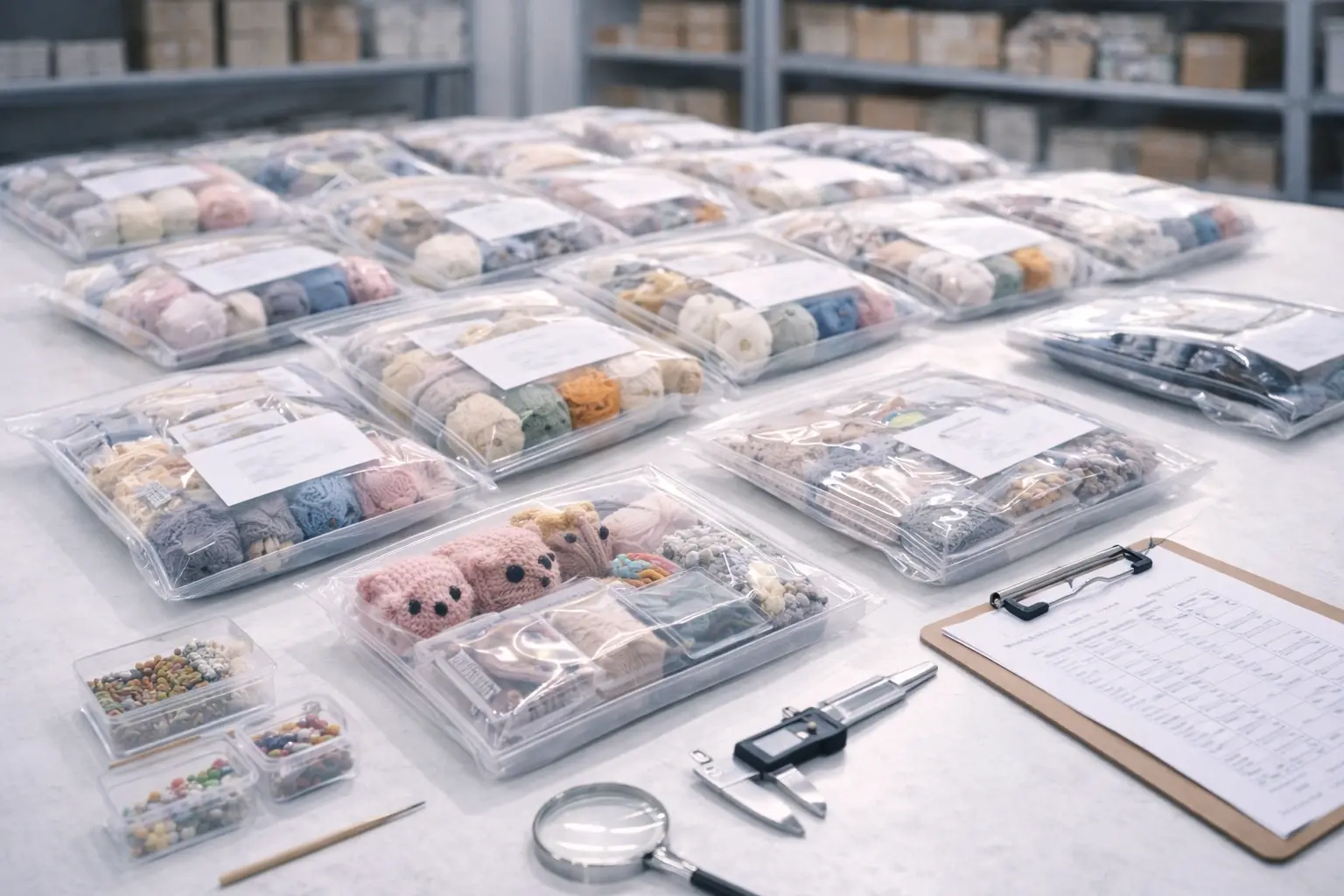 Final inspection of packaged crochet kits and shipment documentation preparation